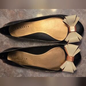 Ted Baker Black Leather Ballet Flats with Cream Bow and Rose Gold Accent